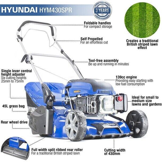 Hyundai HYM430SPR Self-Propelled Petrol Roller Lawnmower 43cm 139cc 4-stroke