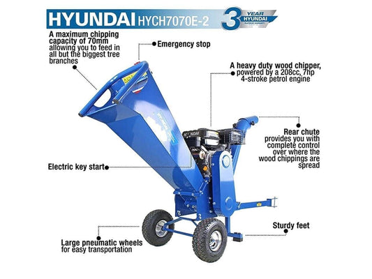 Hyundai HYCH7070E-2 Heavy Duty Electric Start Wood Chipper 4 Stroke Petrol 7hp