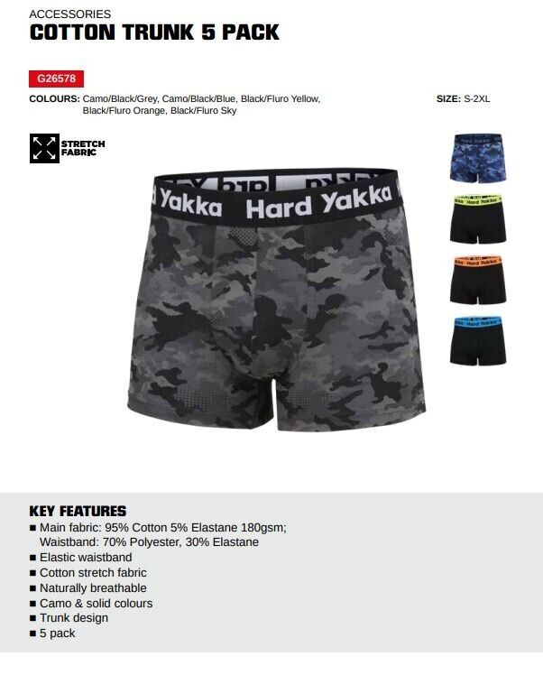 Hard Yakka Cotton Trunk/Boxers Multicolours 5 Pack Work Wear