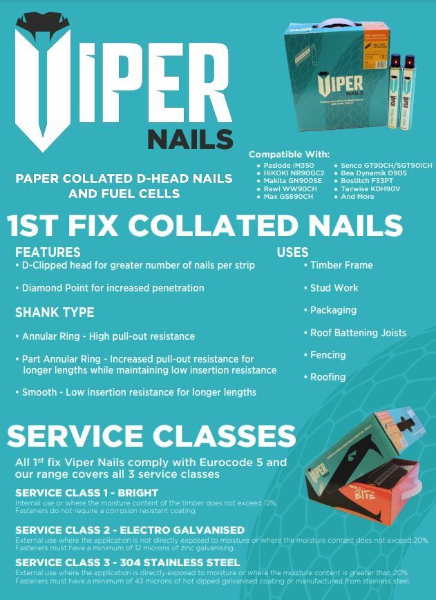 Viper First Fix Nails Trade Pack 51, 63, 75, 90mm 1,100 A2 Stainless Fit Paslode