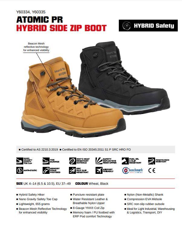 Hard Yakka Boots Atomic PR Hybrid Composite Toe Cap Lace Zip S1 Work Safety Boot