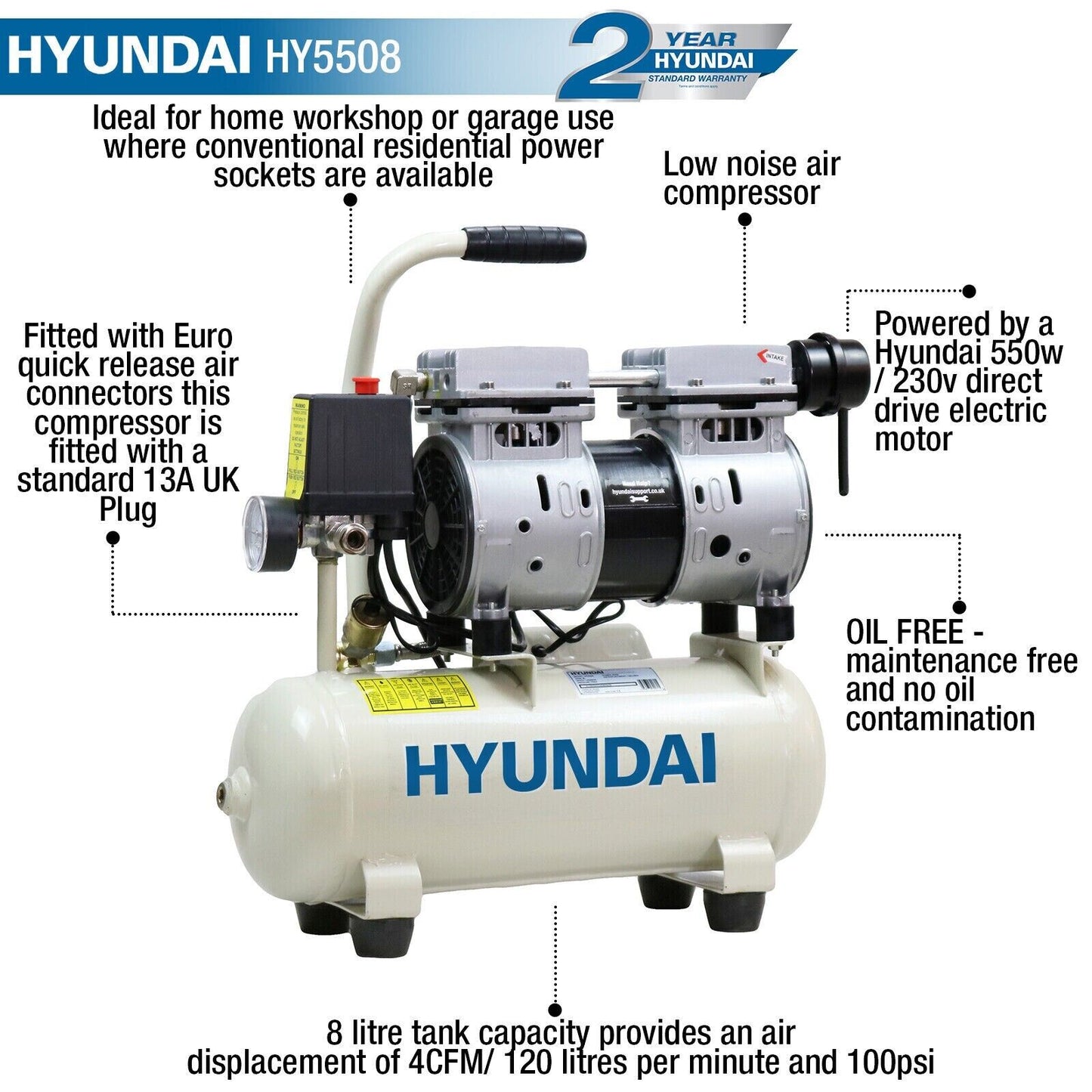 Hyundai 100PSI 8L SUPER Silent Air Compressor Portable Direct Drive 550w HY5508