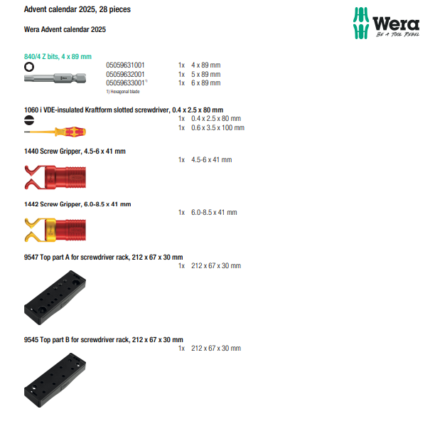 Wera Advent calendar 2025 with tool components on a white background