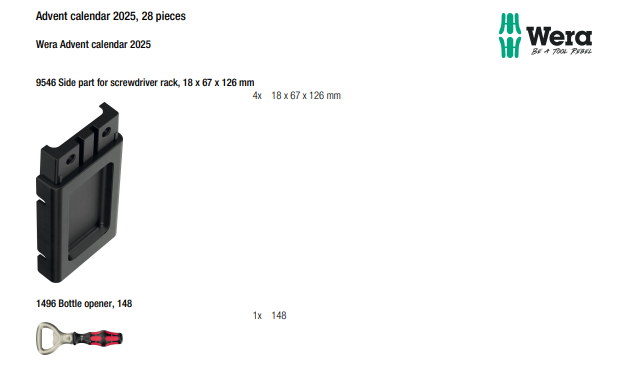 Wera Advent calendar 2025 with product details on a white background
