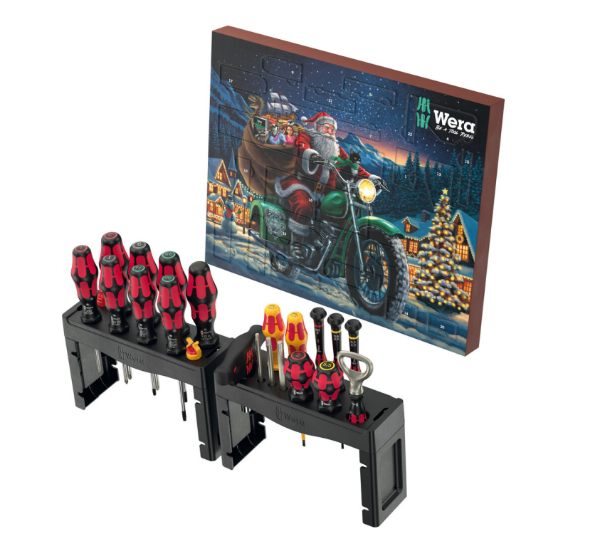 Set of screwdrivers with a Christmas-themed Wera box in the background, Wera 2025 Advent calendar, limited edition, 28 items inside, 25 windows, santa riding a motobike