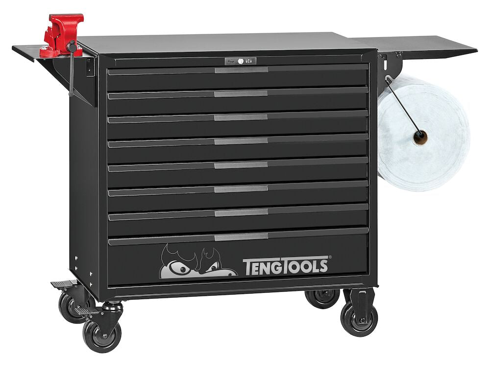 Teng tools The TengTools 37" PRO35™ roller cabinet TKW37B1008T in black is an extensively equipped 1008-piece tool kit, specifically tailored for professionals in the mechanical auto sector. This comprehensive kit is housed in a robust 37" roller cabinet, which measures 964 mm in width, 460 mm in depth, and 985 mm in height with castors mounted. The roller cabinet is built for durability and features eight fully extendable drawers: seven with a height of 75 mm and one taller drawer at 154 mm