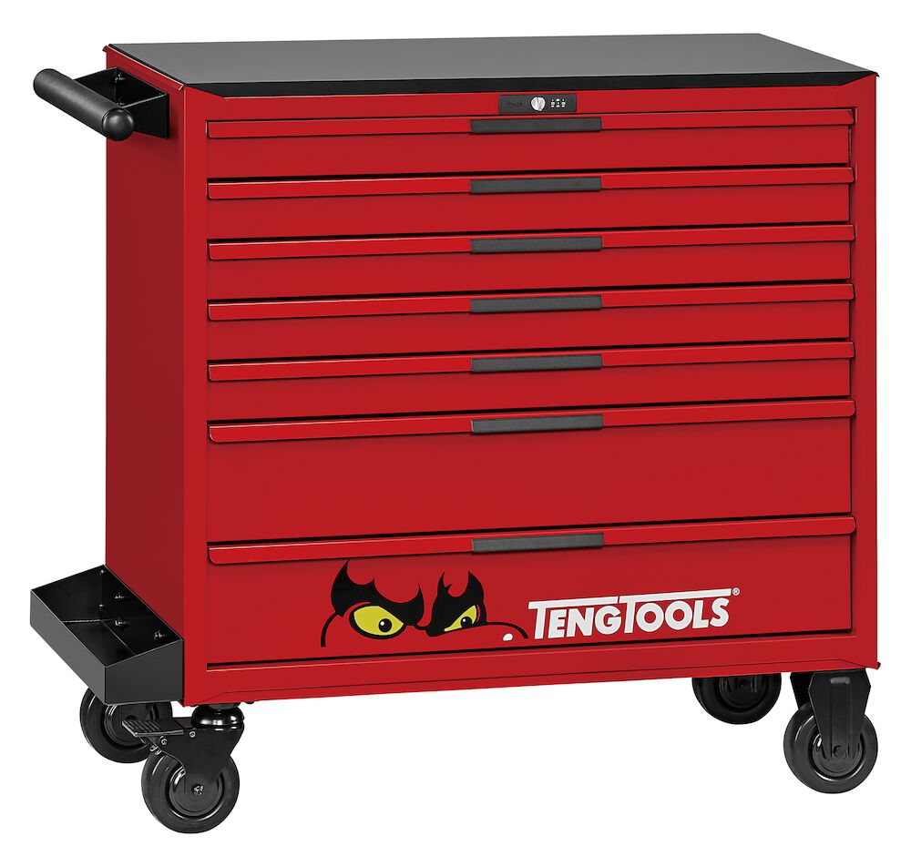 e TengTools 37" PRO35™ tool kit TKW37R595T in matte red roller cabinet is a 595-piece assortment compiled for professionals in the automotive and heavy-duty vehicle sectors, enabling an extensive variety of mechanical operations. Each toolset is methodically placed in a dedicated module compatible with the TengTools Tool Control System for easy identification of missing or misplaced tools. The roller cabinet measures 964 mm in width, 460 mm in depth, and 985 mm in height with castors. This compact design pr