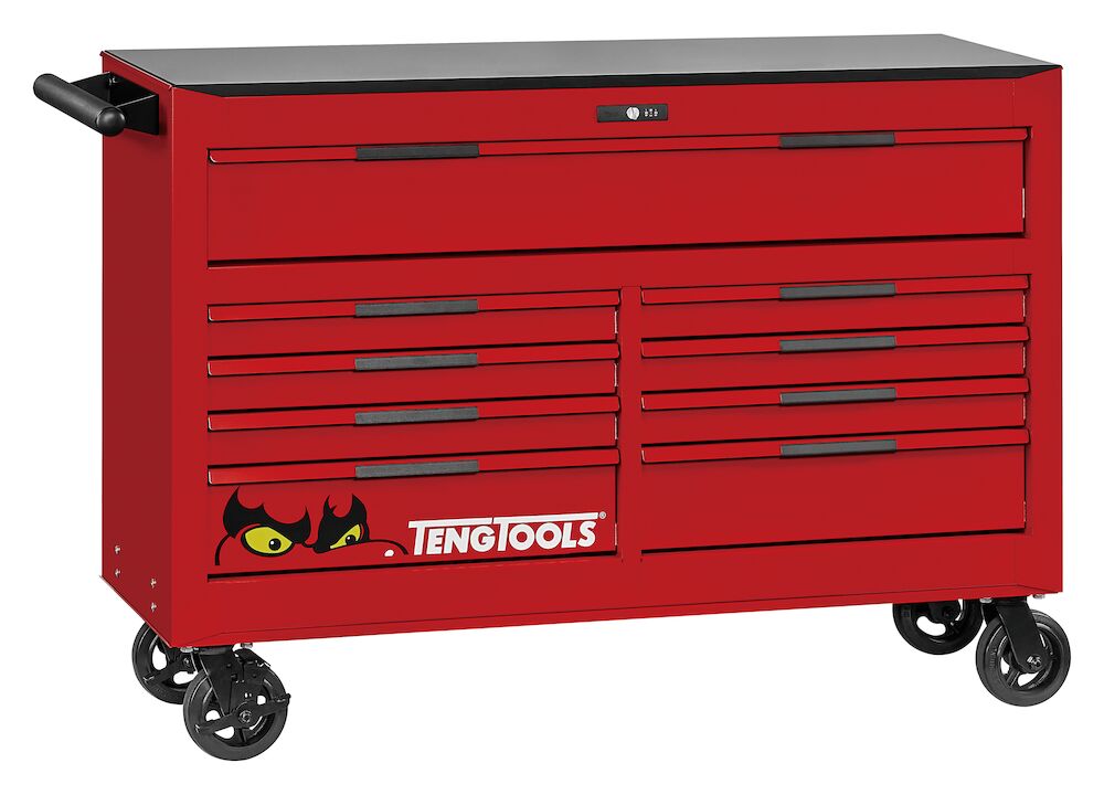 The TengTools 53" PRO35™ roller cabinet tool kit TKW53R615T in matte red is crafted to fulfill the needs of industry professionals. The toolkit includes 615 durable pieces with a variety that makes it an asset in a wide range of industrial environments. The core component of the tool kit is the TSW53R9 roller cabinet, which measures 1350 mm in width, 460 mm in depth, and 813 mm in height, extending to 983 mm with castors. Its nine fully extendable drawers provides ample storage space.