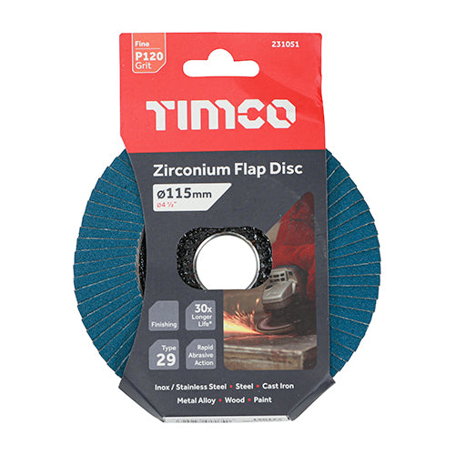 Flap Disc - Zirconium - Type 29 Conical - P120 Grit, 115 x 22.23