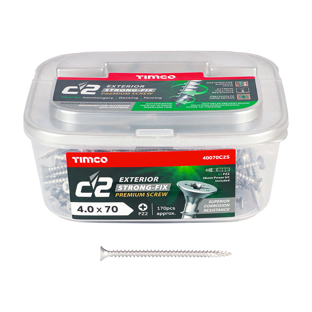 C2 Exterior Strong-Fix Multi-Purpose Premium Screws - PZ - Double Countersunk - Silver, 4.0 x 70