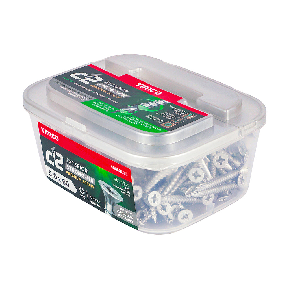 C2 Exterior Strong-Fix Multi-Purpose Premium Screws - PZ - Double Countersunk - Silver, 5.0 x 60