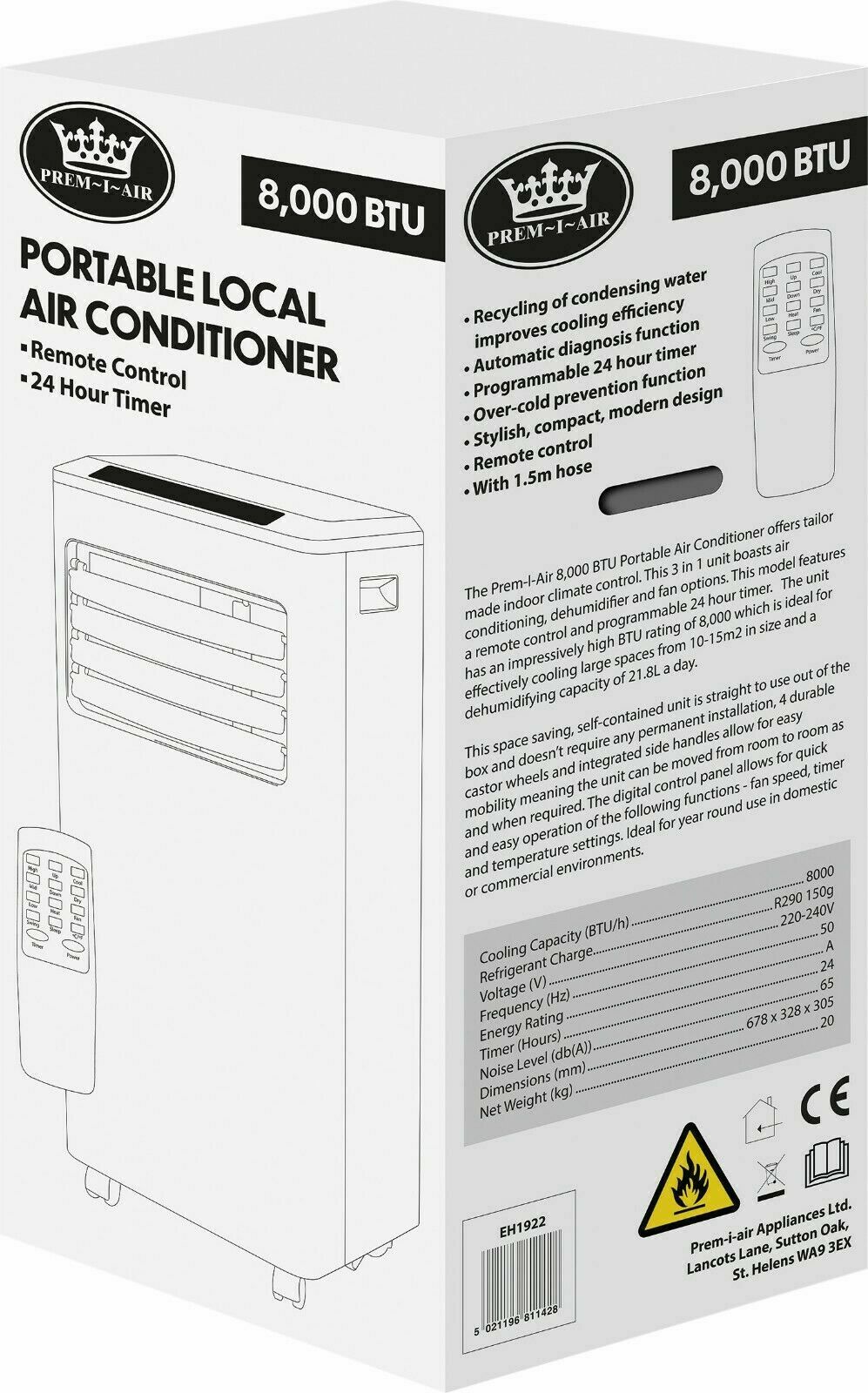 Prem-I-Air 8000 BTU Portable Air Con Conditioning Conditioner Unit Fan Remote