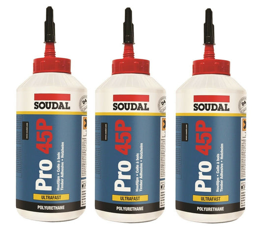 Soudal PRO 45P x 3 Polyurethane PU Water Resistant Wood Glue Adhesive 750ml BAY4