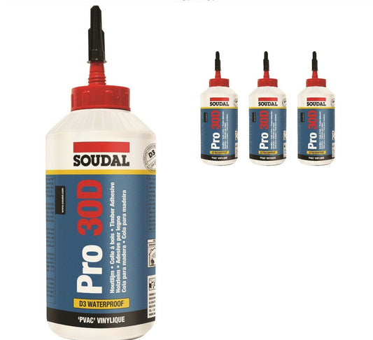 3 x PRO 30D Soudal D3 Waterproof Wood Glue 750ml Fast Dry PVA Heat Resistant