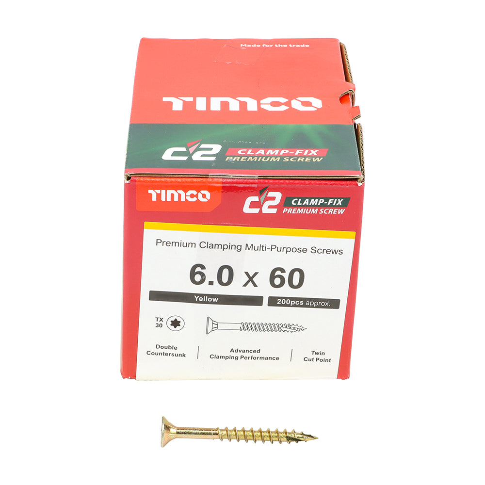 C2 Clamp-Fix Multi-Purpose Premium Screws - TX - Double Countersunk - Yellow, 6.0 x 60