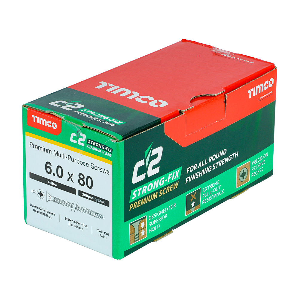 C2 Strong-Fix Multi-Purpose Premium Screws - PZ - Double Countersunk - Yellow, 6.0 x 80