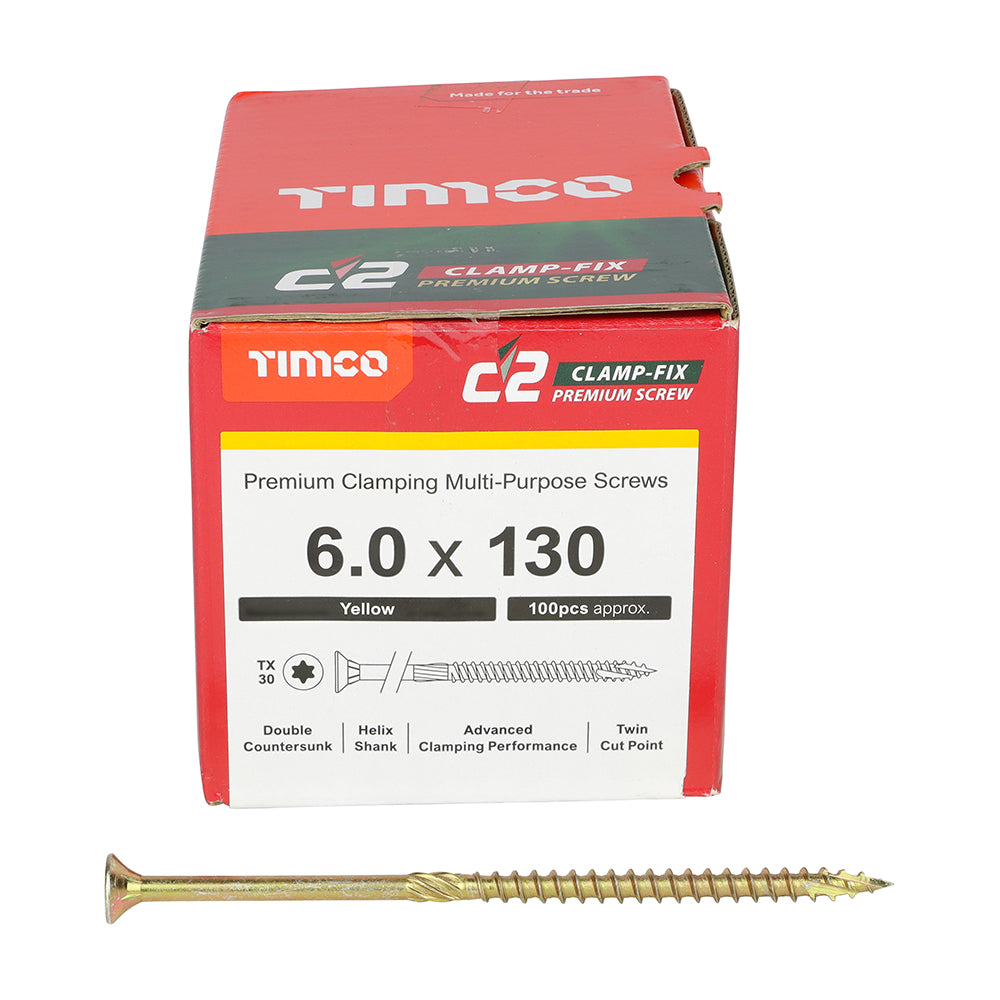 C2 Clamp-Fix Multi-Purpose Premium Screws - TX - Double Countersunk - Yellow, 6.0 x 130