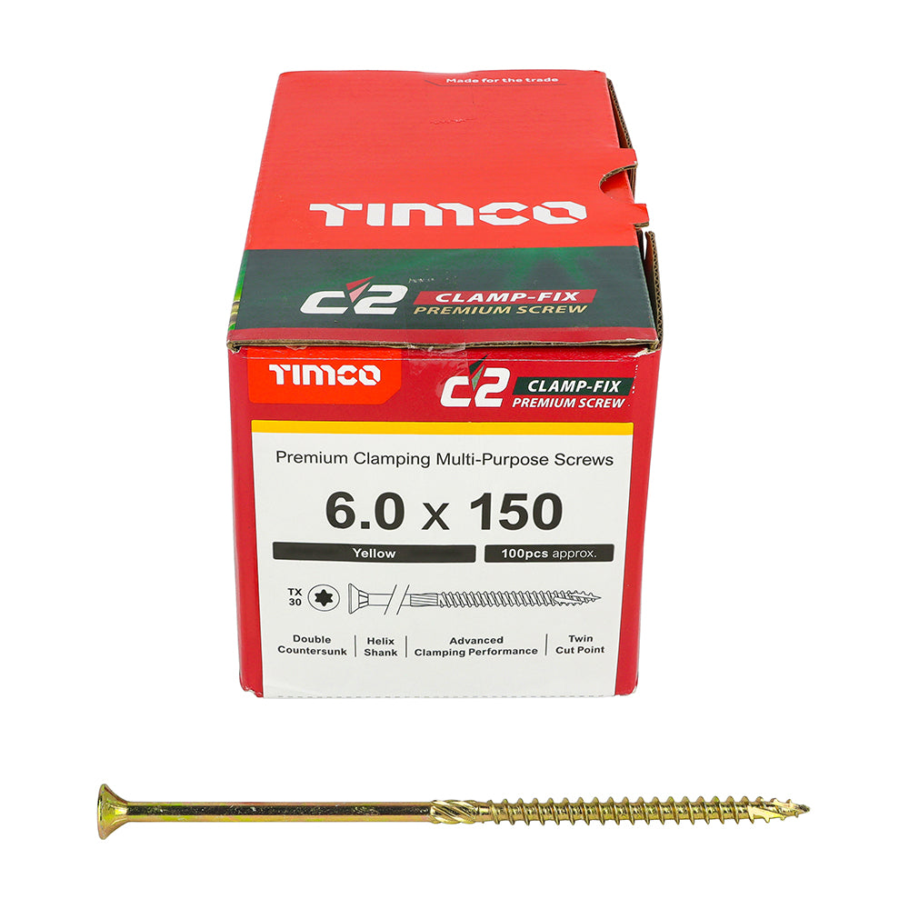 C2 Clamp-Fix Multi-Purpose Premium Screws - TX - Double Countersunk - Yellow, 6.0 x 150