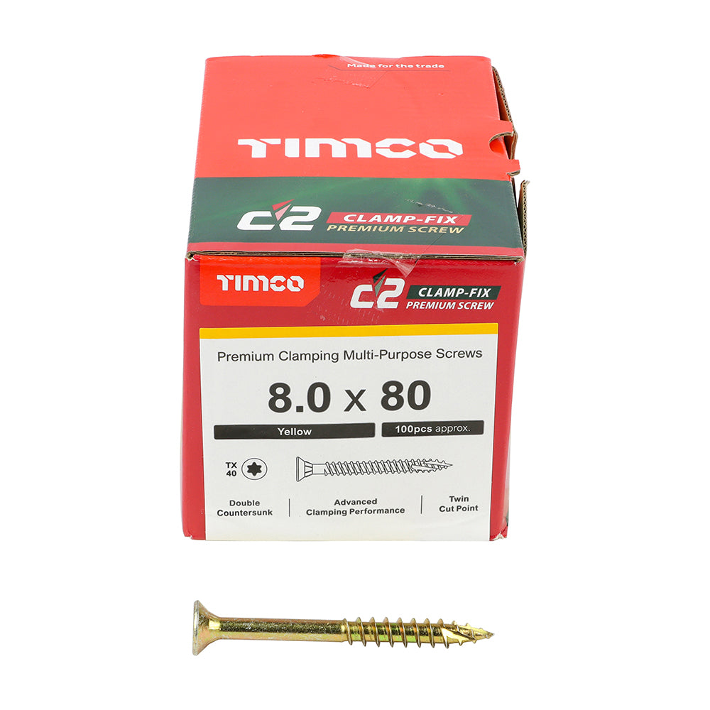 C2 Clamp-Fix Multi-Purpose Premium Screws - TX - Double Countersunk - Yellow, 8.0 x 80