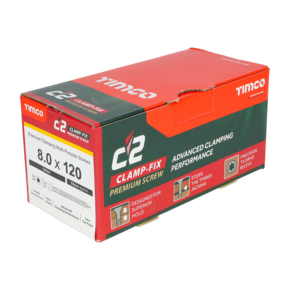 C2 Clamp-Fix Multi-Purpose Premium Screws - TX - Double Countersunk - Yellow, 8.0 x 120