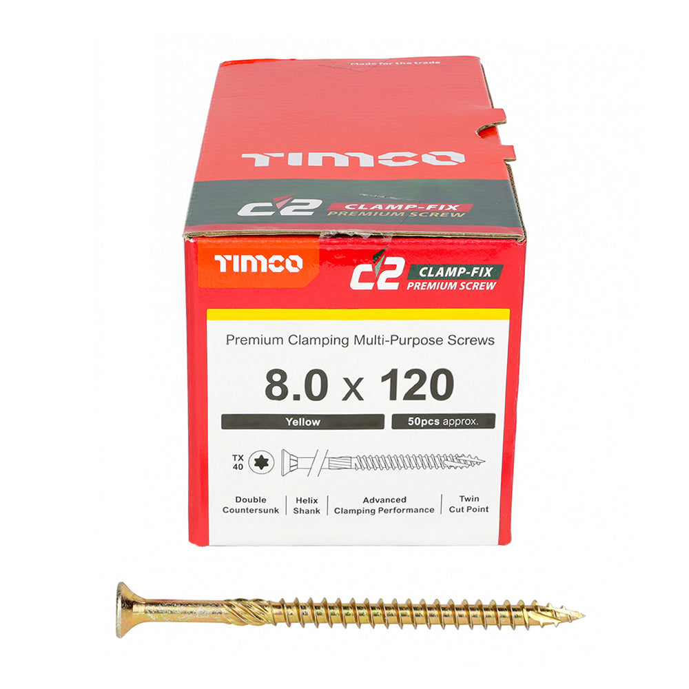 C2 Clamp-Fix Multi-Purpose Premium Screws - TX - Double Countersunk - Yellow, 8.0 x 120