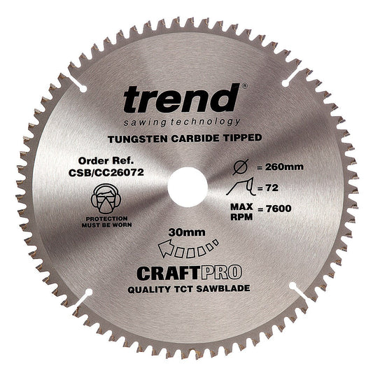 Trend CSB/CC26072 CraftPro Saw Blade Crosscut 260mm x 30mm x 72T