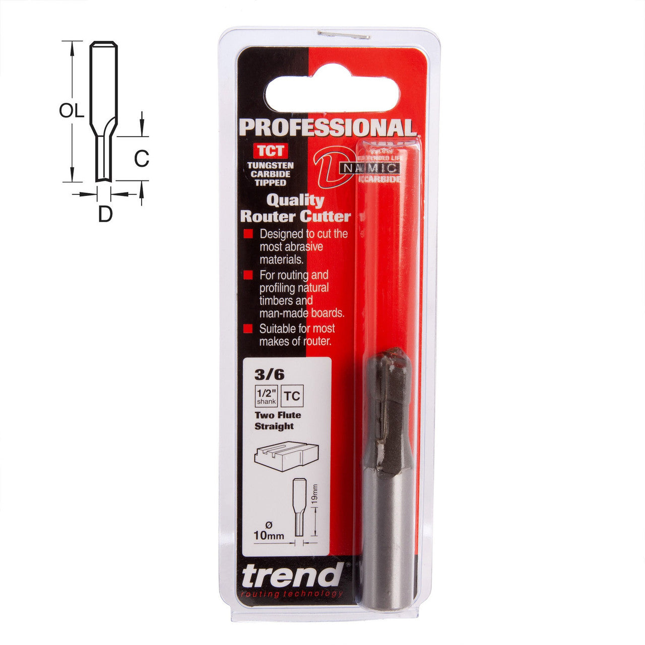 Trend 3/6X1/2TC TCT Two Flute Router Cutter 10mm x 16mm