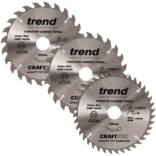 Trend TCT Circular Saw Blade Triple Pack for Wood 190 x 30mm x 24T, 24T & 40T