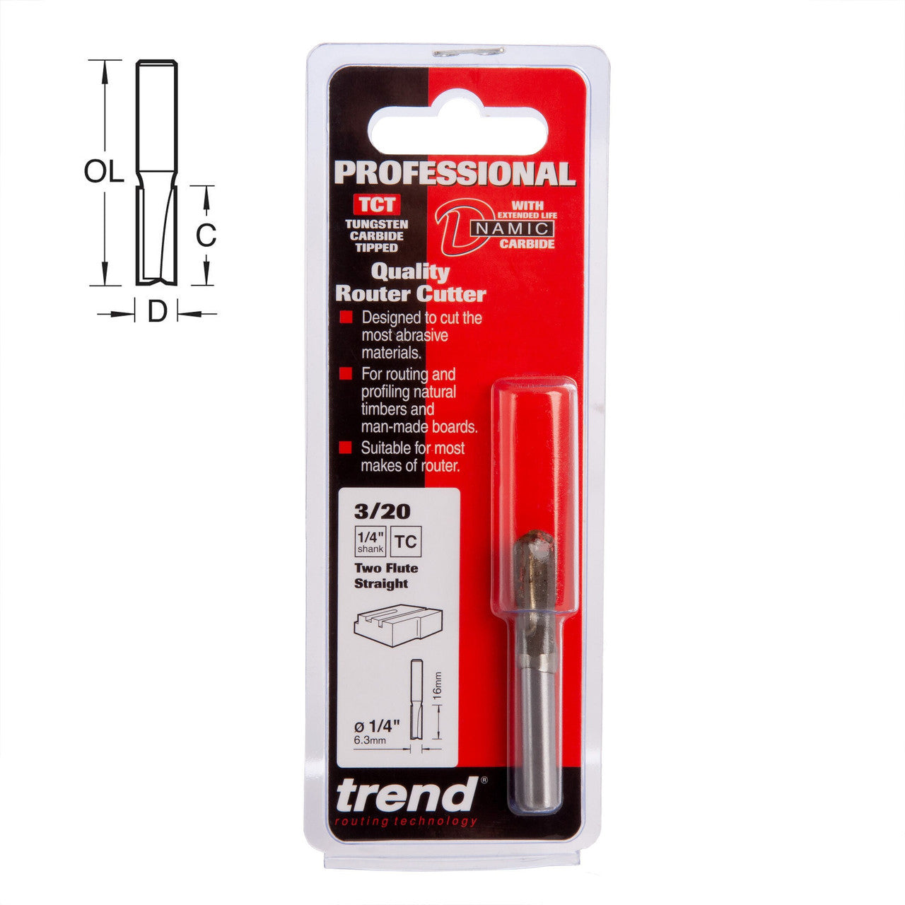 Trend 3/20X1/4TC TCT Two Flute Router Cutter 6.3mm x 16mm