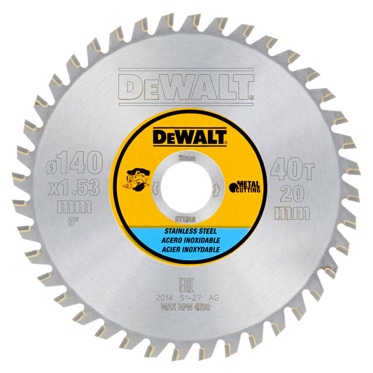 Dewalt DT1918 Stainless Steel Cutting Circular Saw Blade 140 x 20mm x 40T