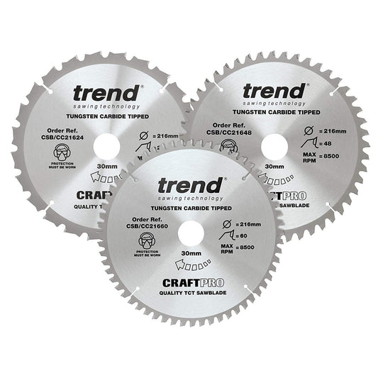 Trend CSB/CC216/3PK CraftPro Saw Blades 216mm x 30mm x 24T+48T+60T (Pack of 3)