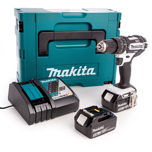 Makita DHP482RTWJ 18V LXT White Combi Drill (2 x 5.0Ah Batteries) in MakPac Case
