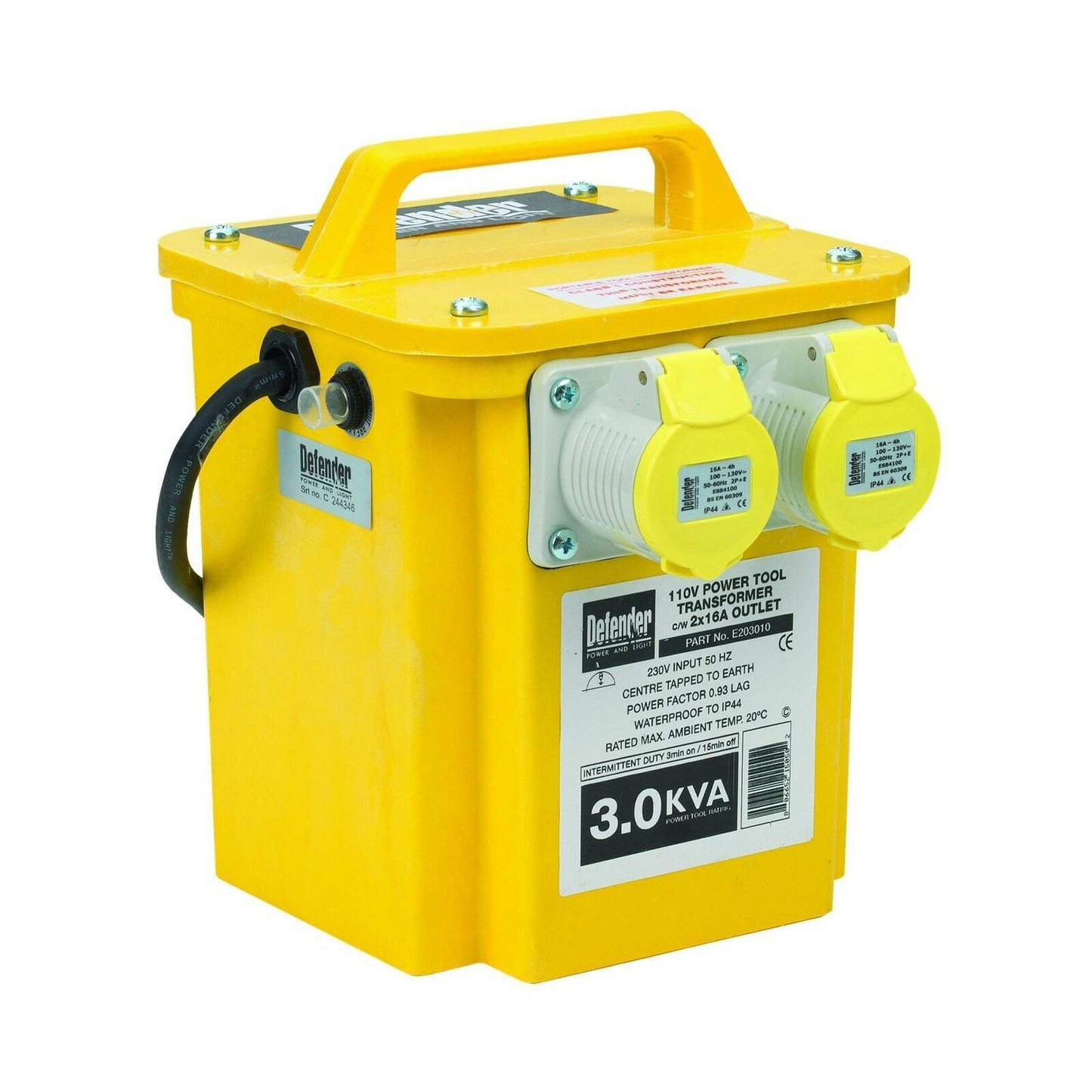 Defender 3KVA Transformer 2 x 16A 110volt Outlets - E203010