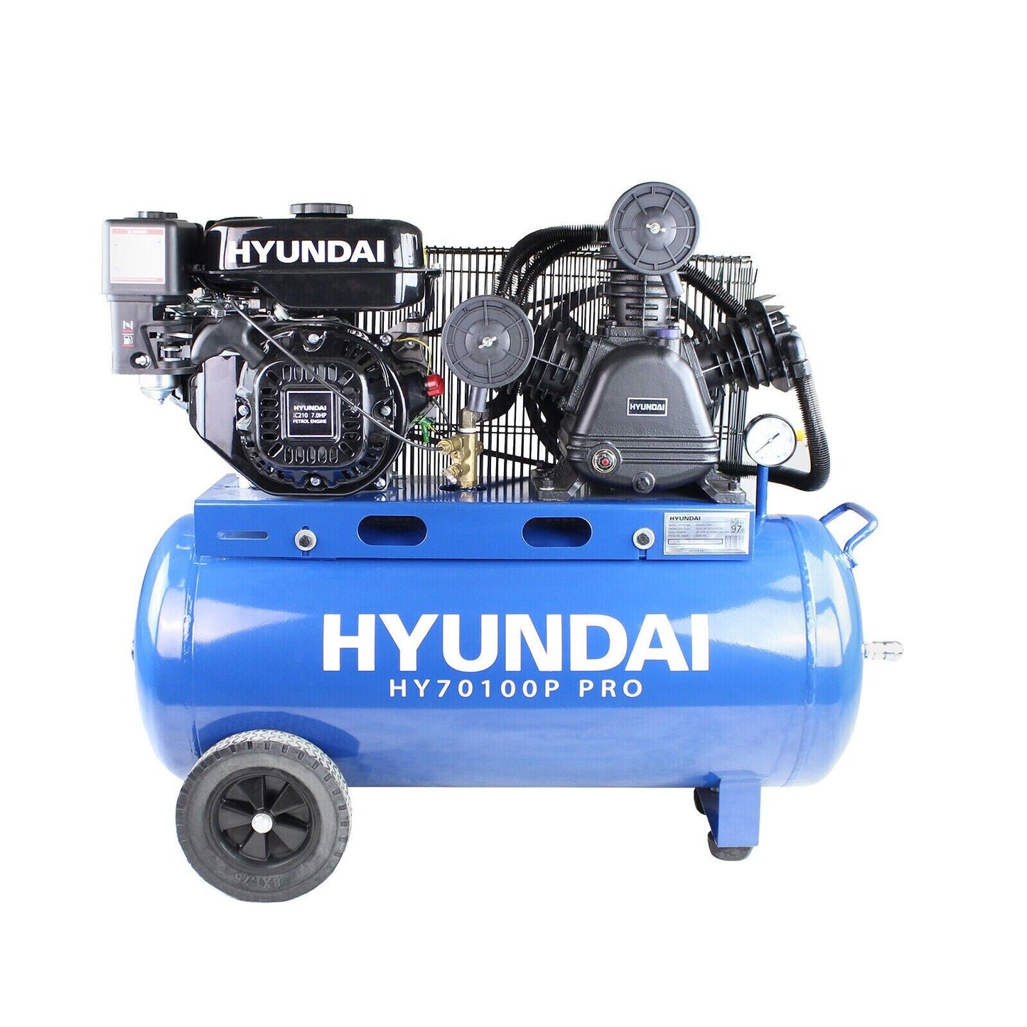 Hyundai Petrol Air Compressor, 90 ltr Portable 10.75FM 145psi 7hp HY70100P