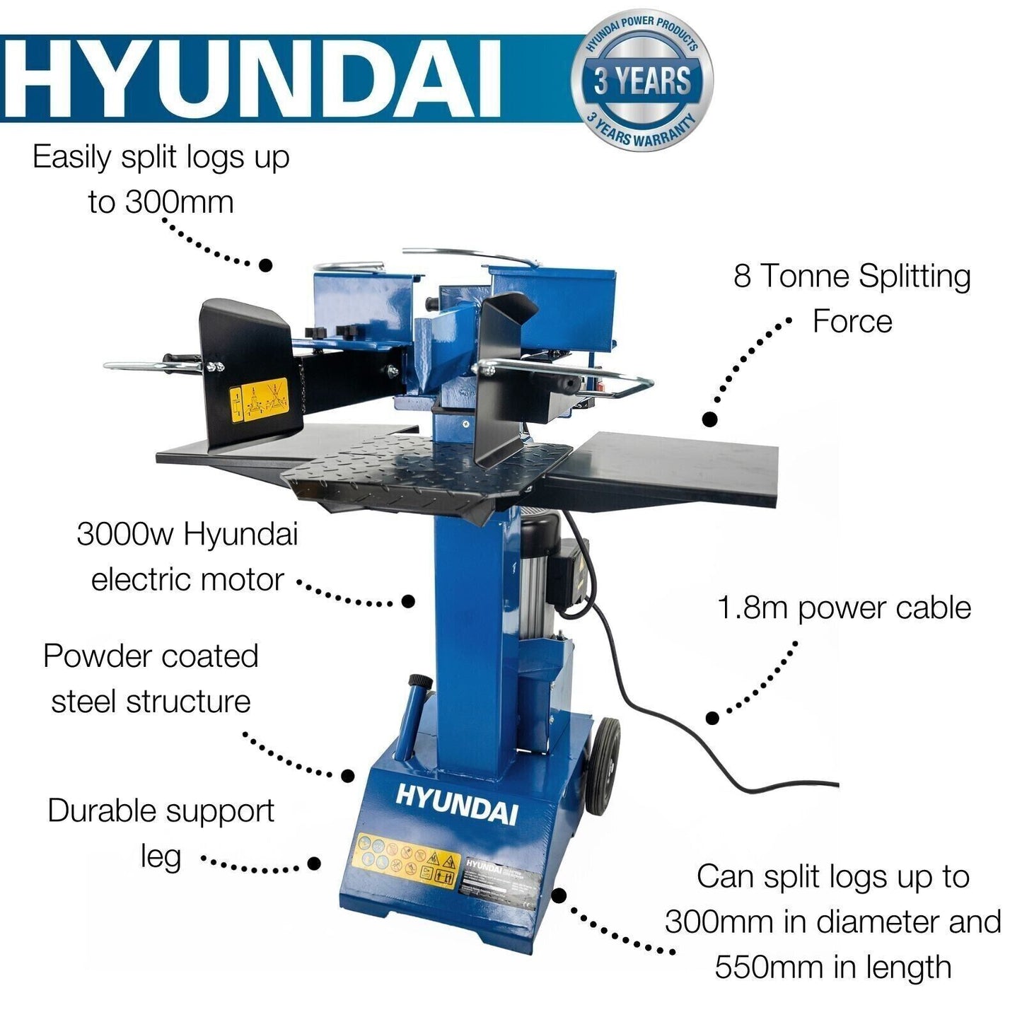 Hyundai HYLS8000VE - Electric Log Splitter 8 Tonne Vertical Hydraulic Ram 300mm