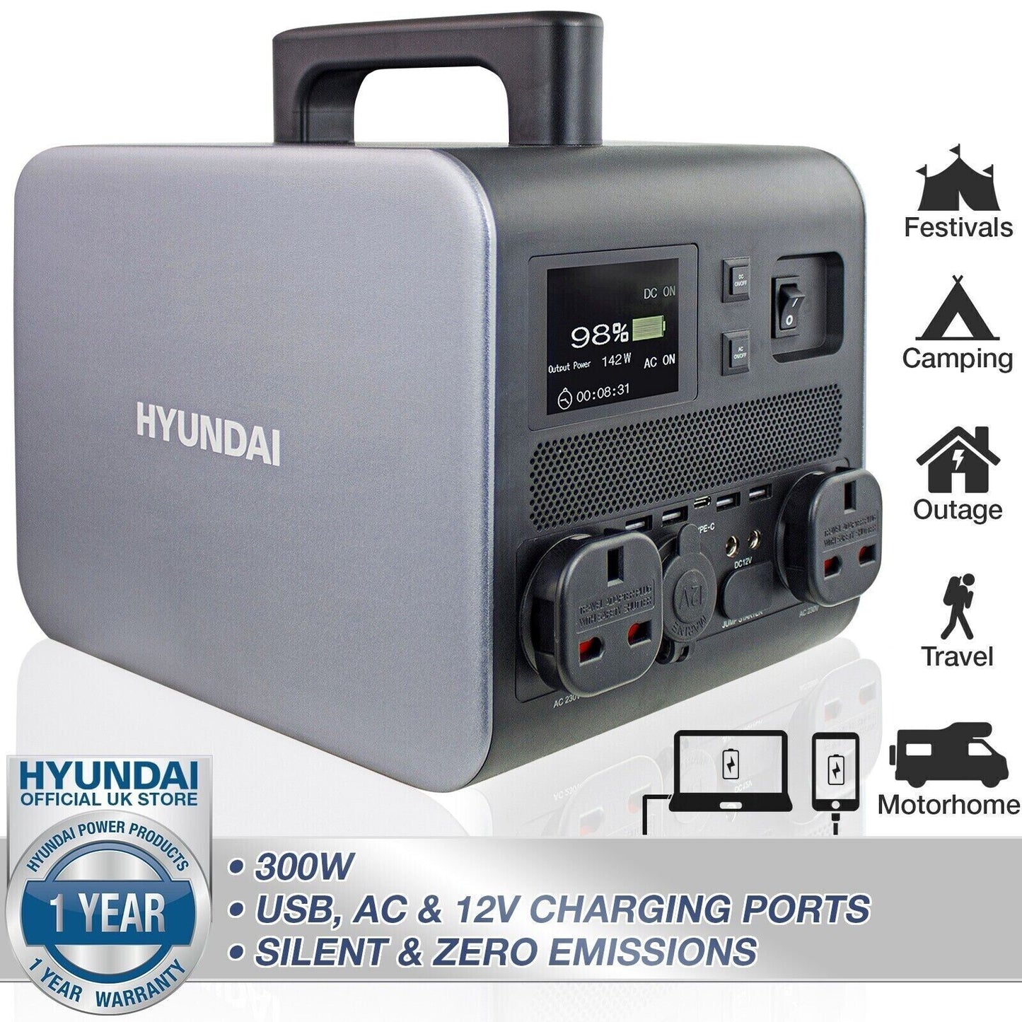 Hyundai HPS-300 Portable Power Bank Station 600w Camper Outdoor Camping Off Grid