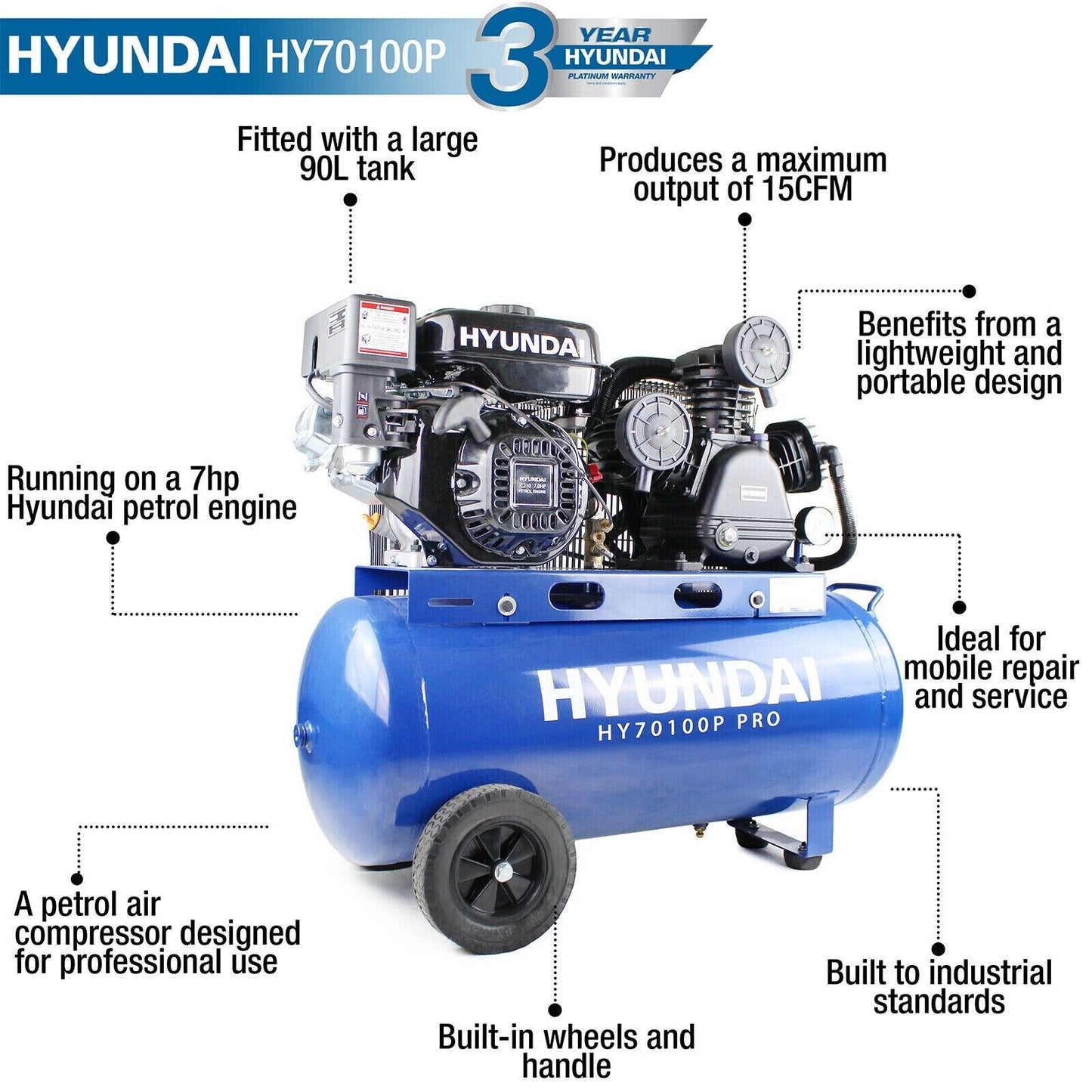 Hyundai Petrol Air Compressor, 90 ltr Portable 10.75FM 145psi 7hp HY70100P