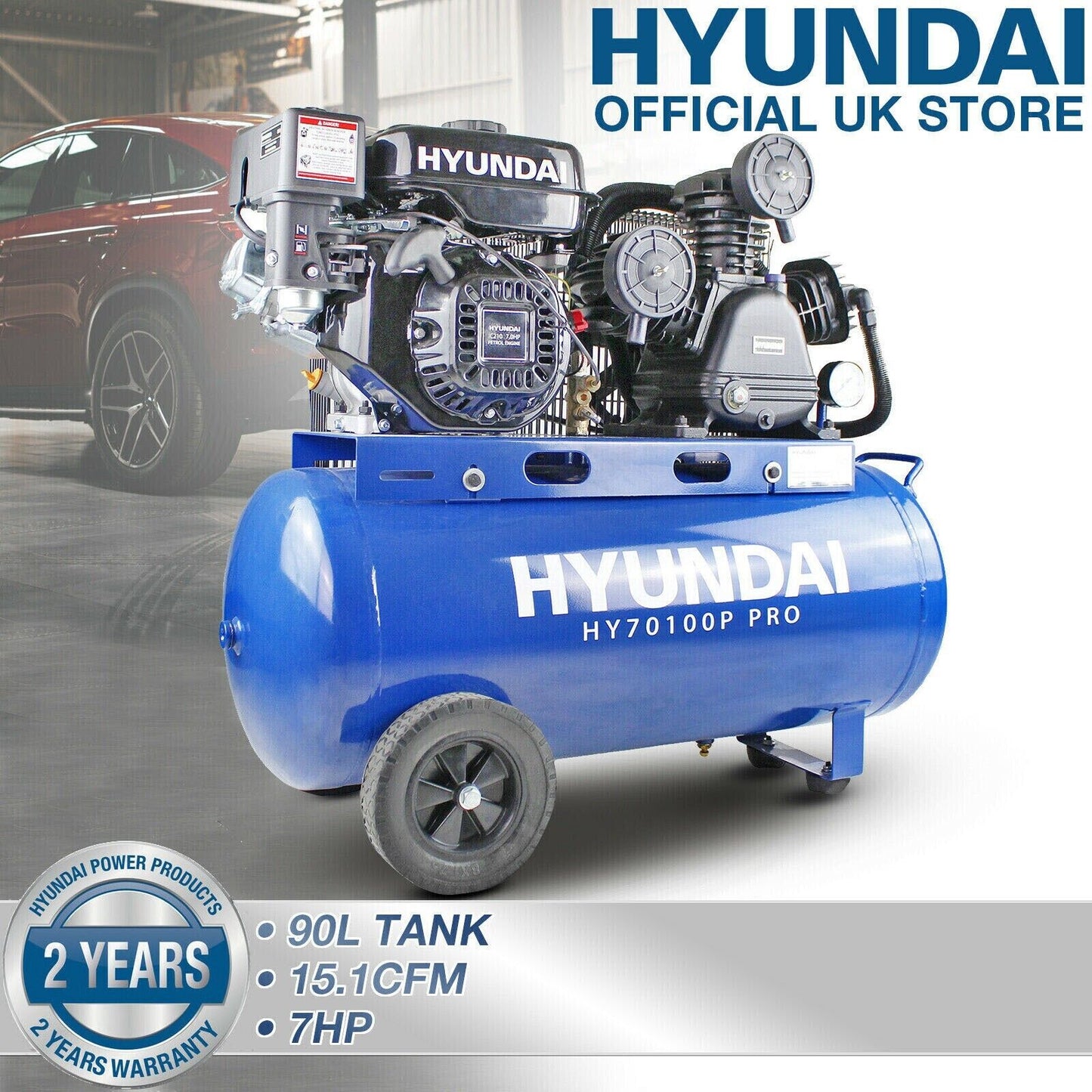 Hyundai Petrol Air Compressor, 90 ltr Portable 10.75FM 145psi 7hp HY70100P