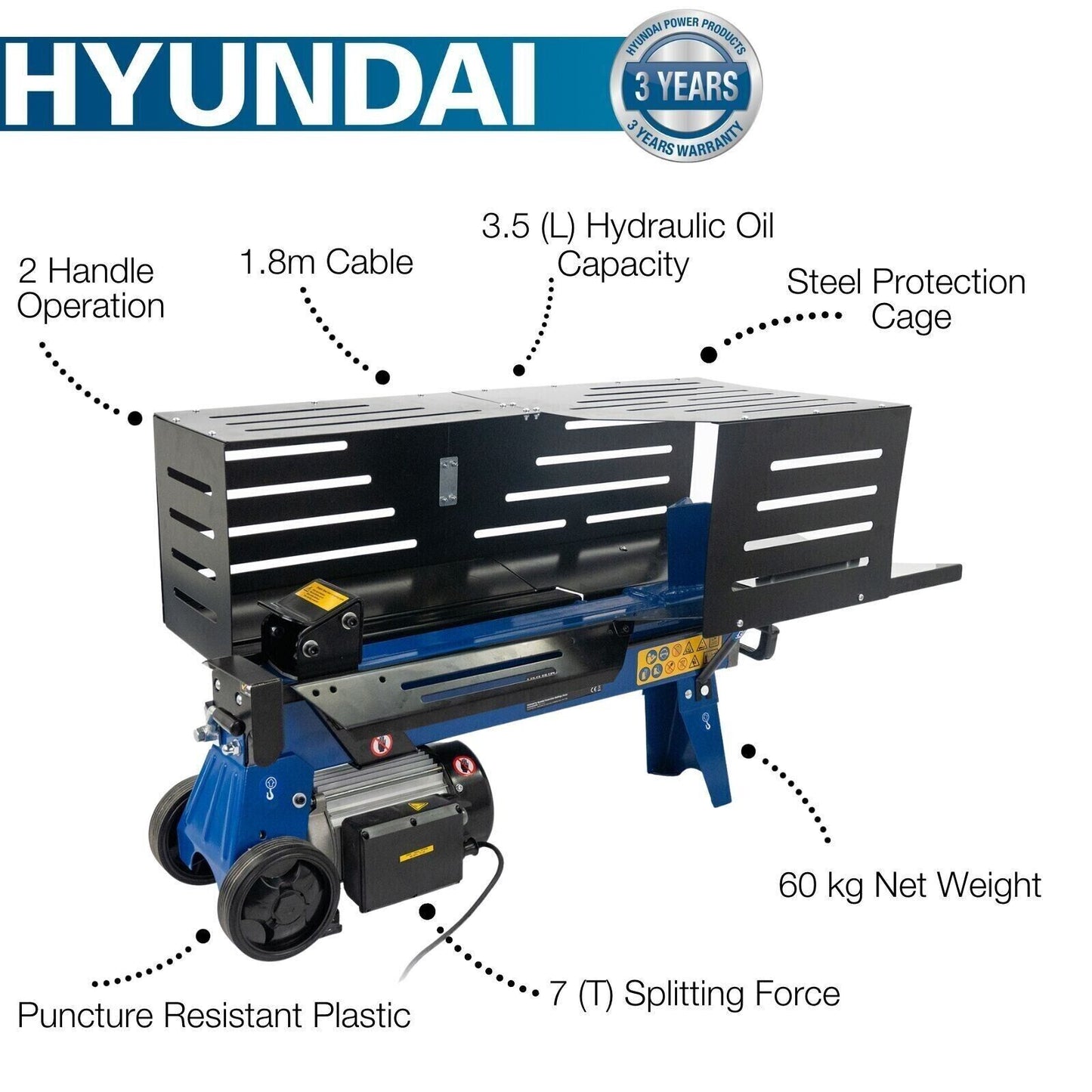 Hyundai HYLS7000HE Electric Log Splitter 7 Tonne Horizontal Hydraulic Ram 250mm