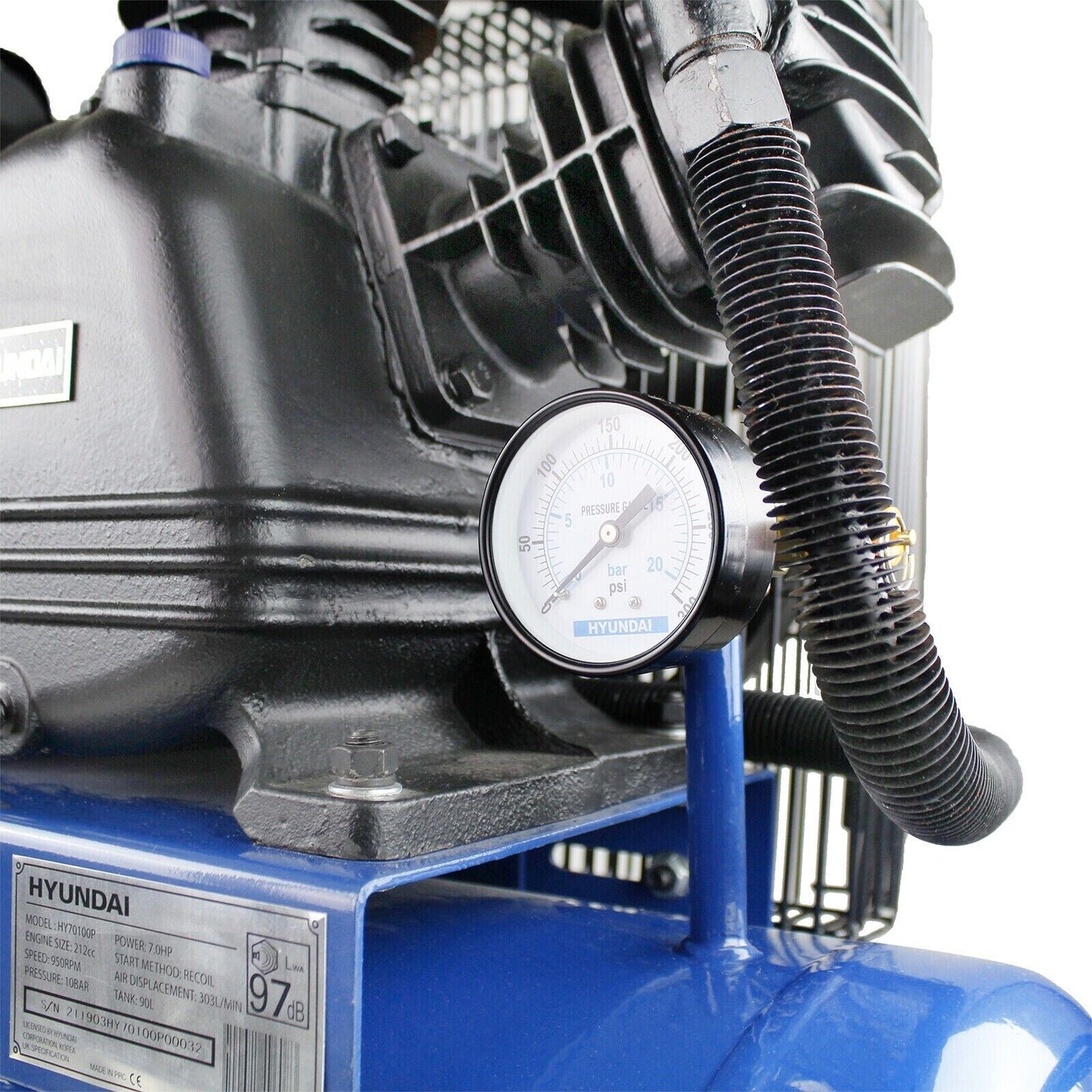 Hyundai Petrol Air Compressor, 90 ltr Portable 10.75FM 145psi 7hp HY70100P