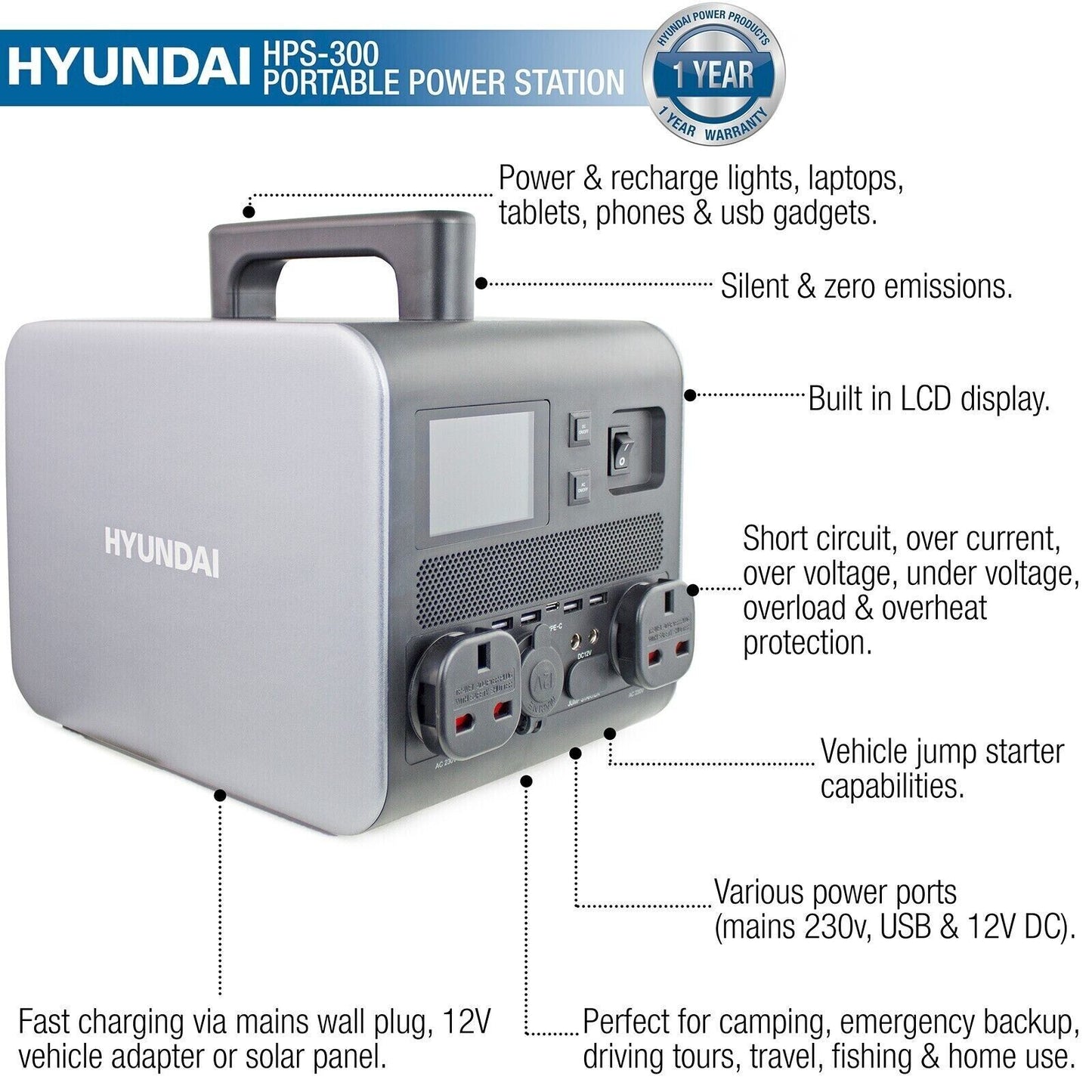 Hyundai HPS-300 Portable Power Bank Station 600w Camper Outdoor Camping Off Grid