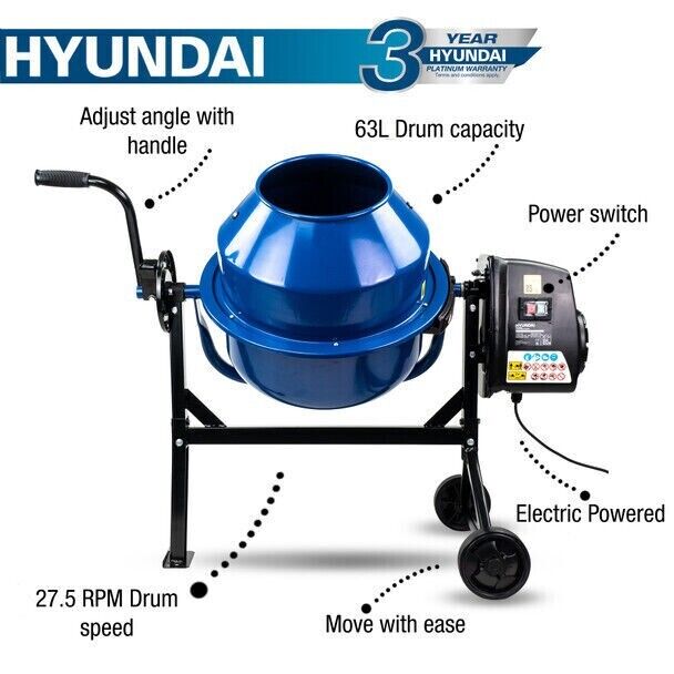 Hyundai HYCM63E 63L Electric Cement Mixer Concrete Mortar Tilt Pour 240V/220W