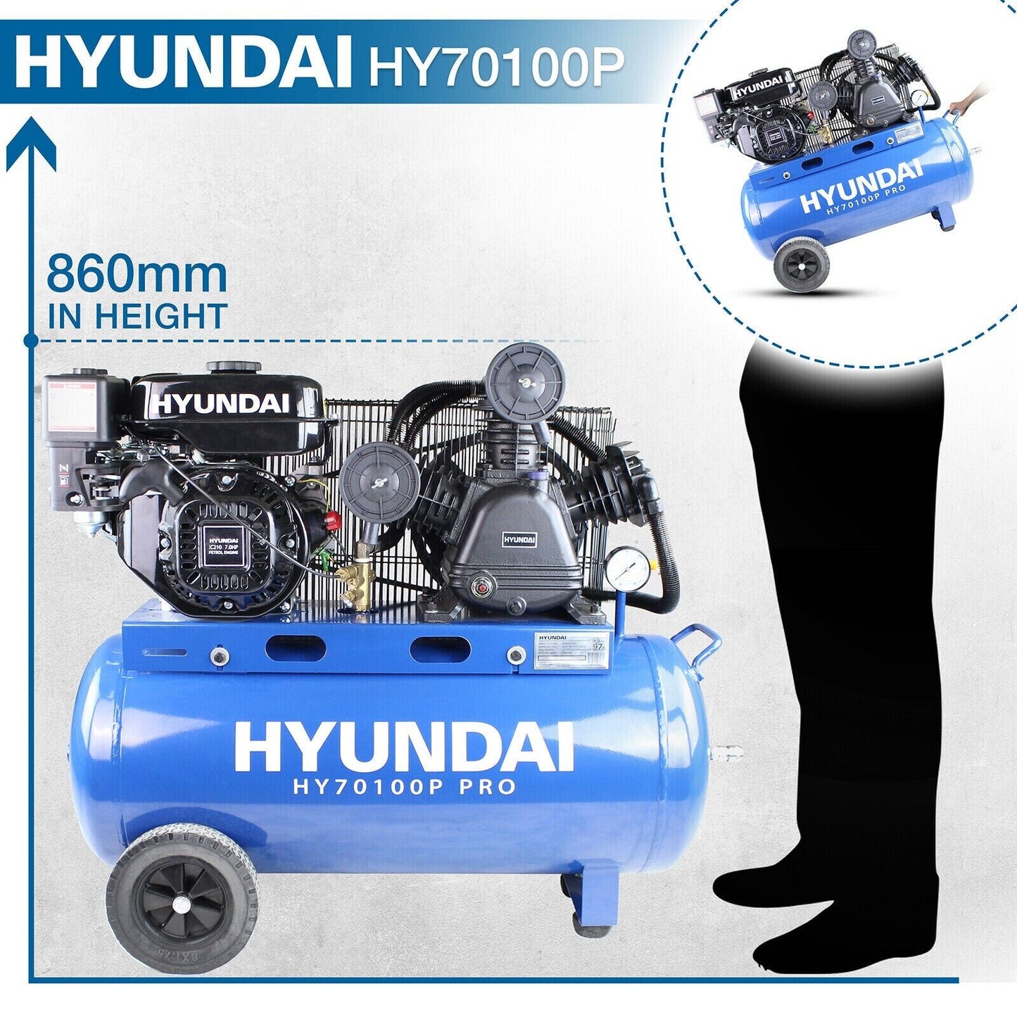 Hyundai Petrol Air Compressor, 90 ltr Portable 10.75FM 145psi 7hp HY70100P