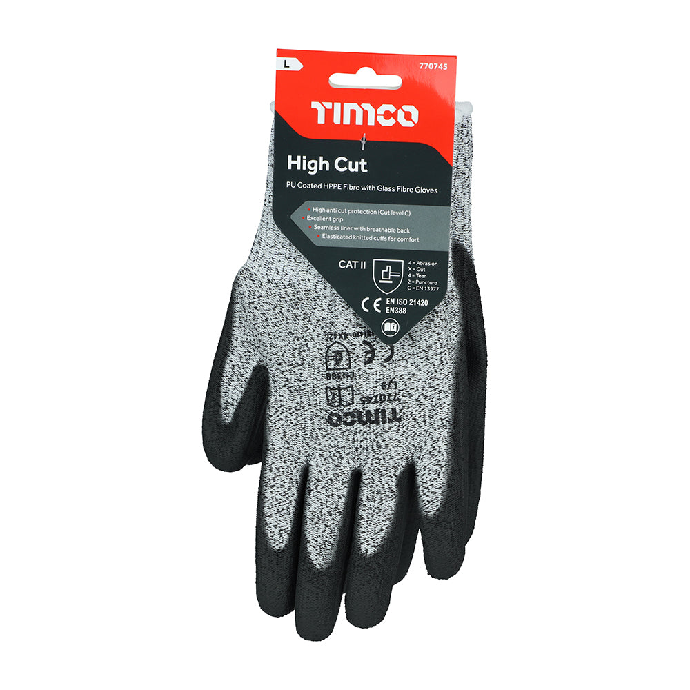 Gloves Safety High Cut Gloves - PU Coated HPPE Fibre with Glass Fibre L