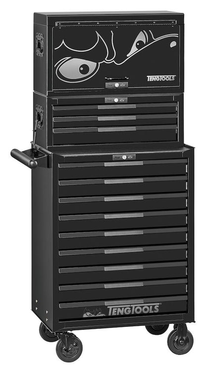Black tool chest with multiple drawers and Tengools branding on a white background. Many tools included in this strong tool kit set cabinet from teng tools, ideal for in workshops or vans.

