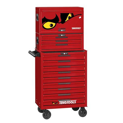Red tool chest with multiple drawers and wheels on a white background, teng tools tool kit cabinet, tall cabinet with lots of draws and tools, near me, tool shop near me.