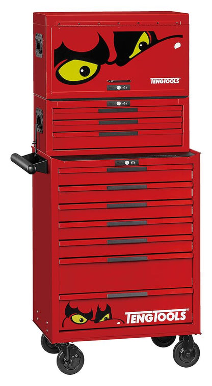 Red tool chest with multiple drawers and Teng Tools branding on a white background. Tool cabinet filled with high quality tools such as spanners and everything you could need.