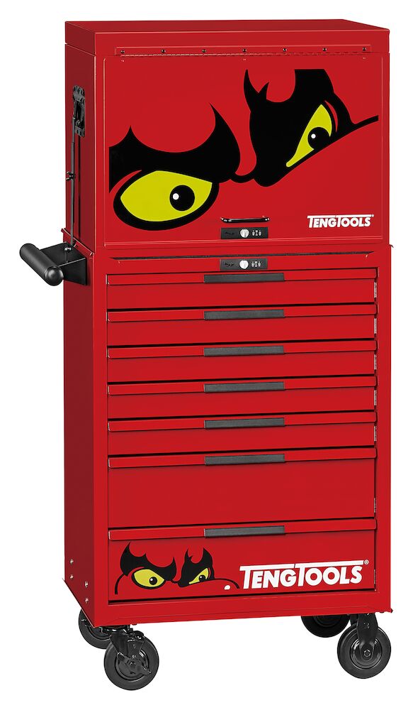 Red tool chest with cartoon face design featuring yellow eyes and black eyebrows, branded 'Teng Tools'. with tools teng tools kit 