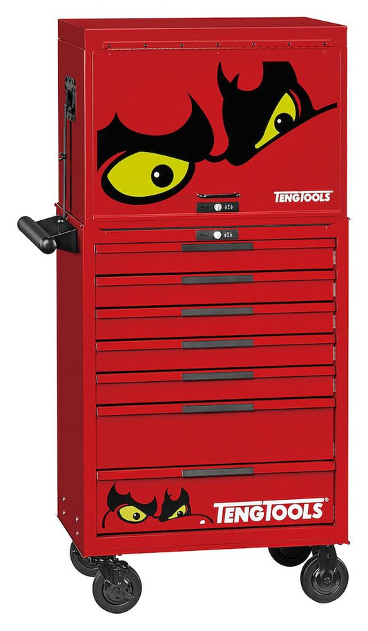 Red tool chest with cartoon face design featuring yellow eyes and black eyebrows, branded 'Teng Tools'. with tools teng tools kit 