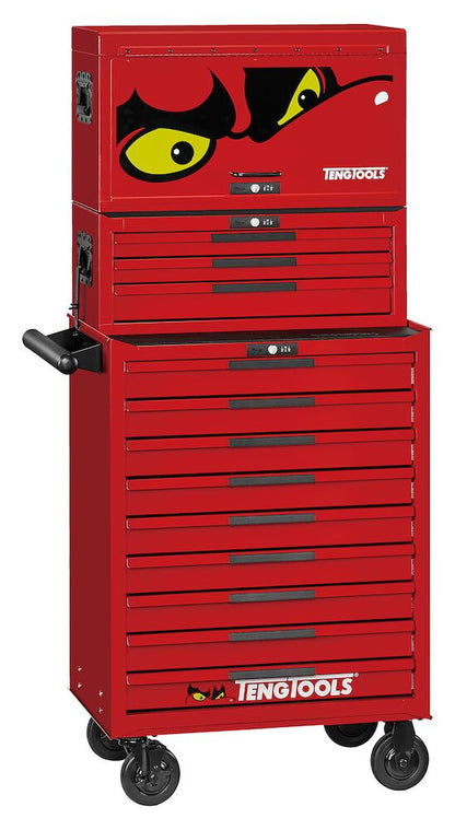 red Three 26" tool storage units stacked containing a 753-piece tool kit for extensive automotive and mechanical tasks
Heavy gauge steel construction with a 5-step phosphate-free rust prevention process and a powder coat finish
5" heavy-duty castors for easy mobility across various workshop surfaces and 3-digit combination lock on each unit
16 drawers, all with full extension ball bearing slides and noise-reducing EVA drawer mats